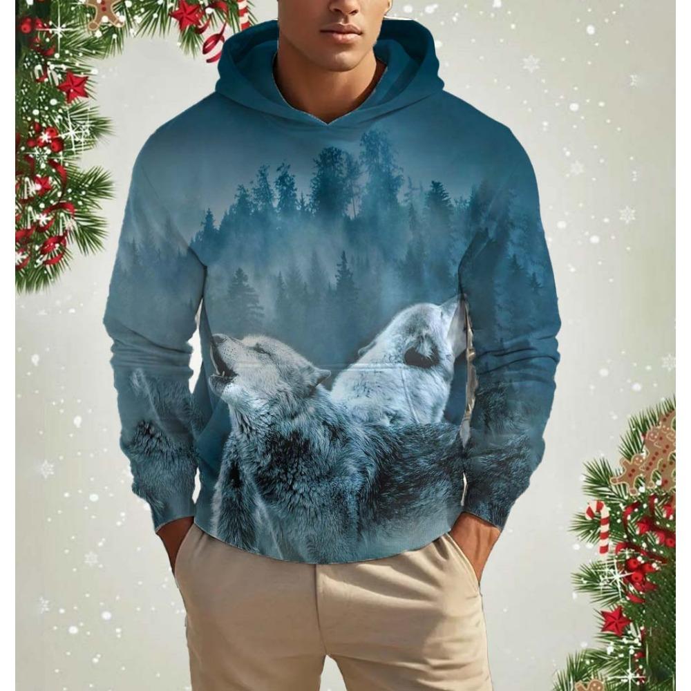Men's Hooded Fashion Animal Wolf 3D Print Hoodies Top Spring Autumn Fashion Casual Long Sleeved Pullover Oversized Sweatshirts