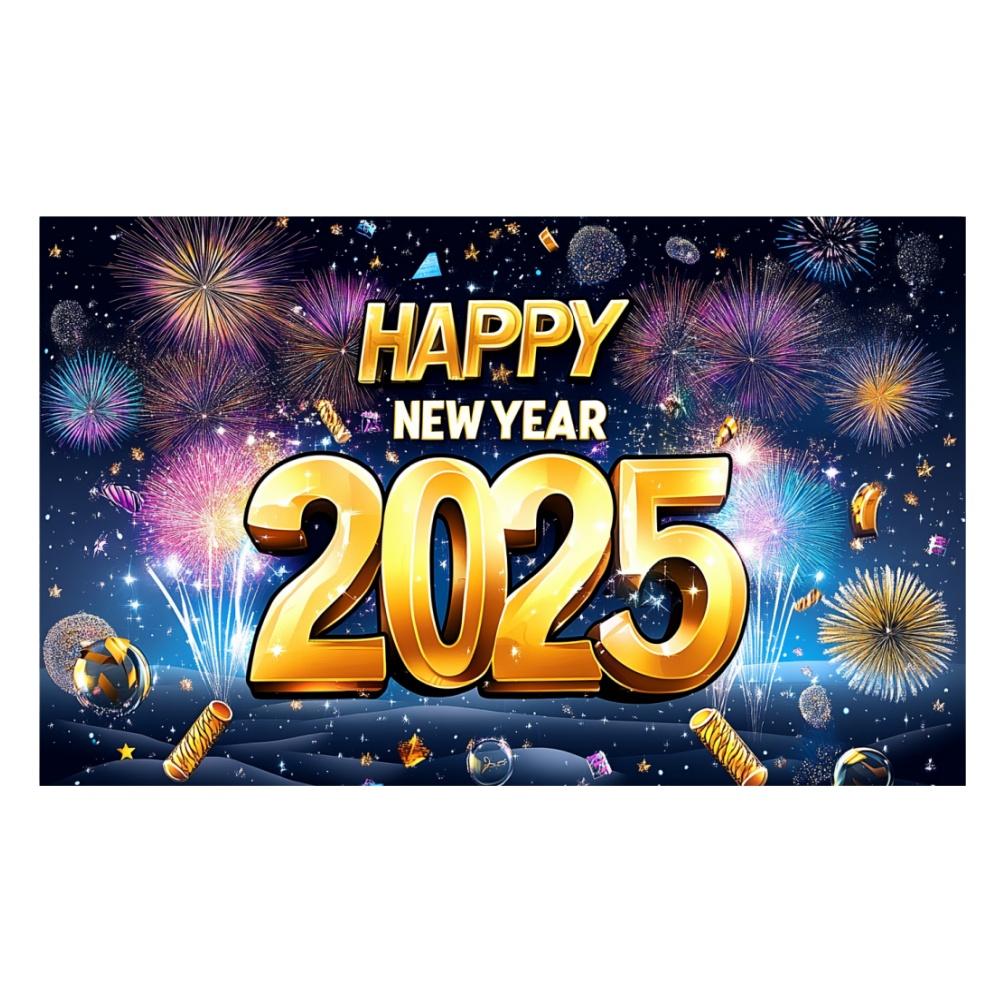2025 Happy New Year Colorful Theme Party Background Fireworks Golden Balloon Banner New Year Home Party Photo Background