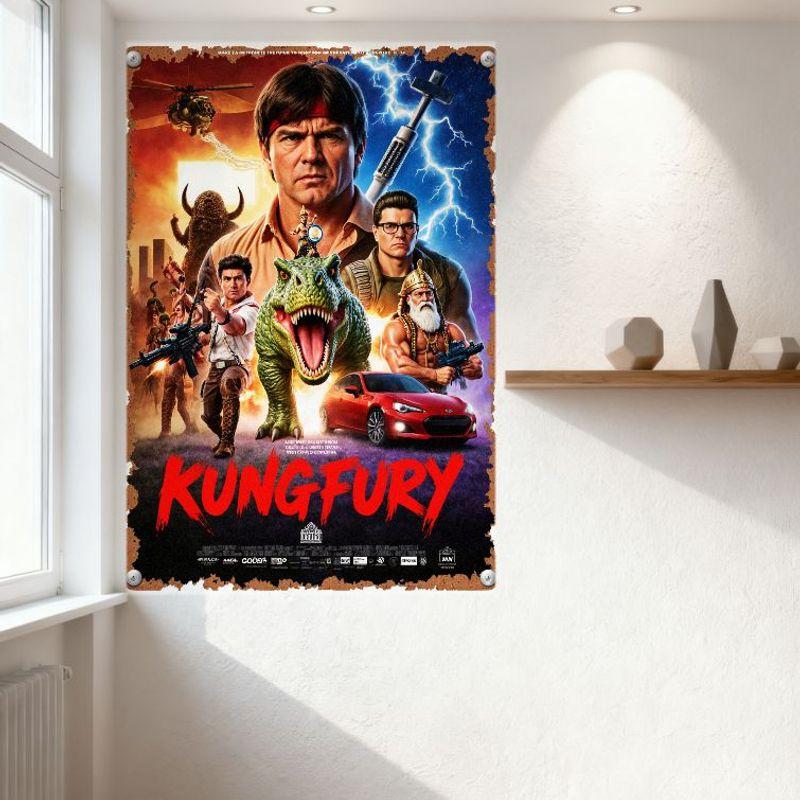 Kung Fury Retro Actionfilm Metallplåtsskylt, Vintage Filmplanschplatta för Hembar Man Cave Dekor, Rolig Actionfilm Väggkonst