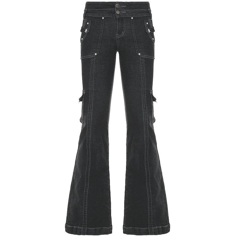 Personlige Amerikansk Retro Arbeidsklær Stil Lomme Denim Mikro Utsvingte Bukser med Vasket Vann og Distressed Design, Lav Midje Spicy Jente Hverdagsbukser