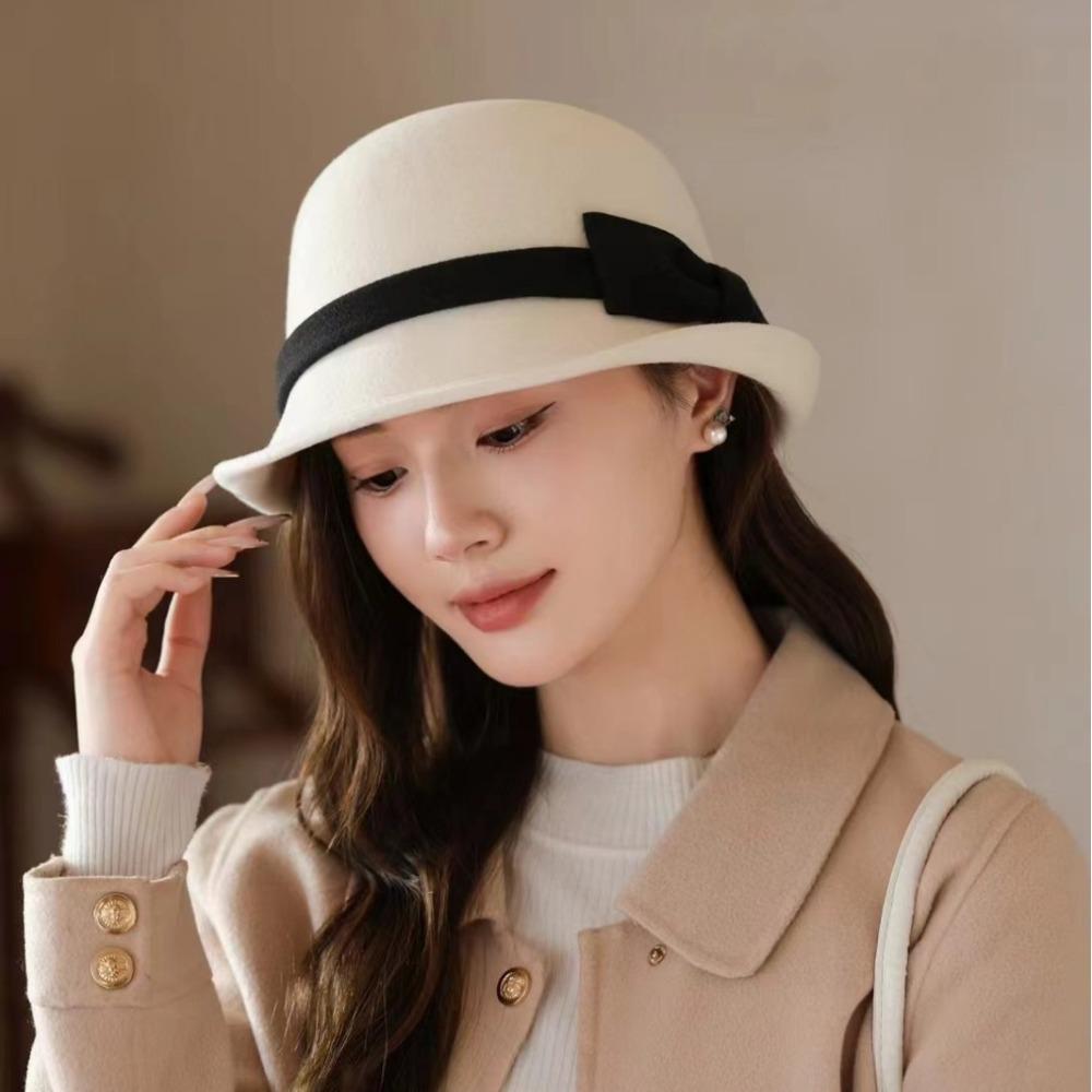 Hepburn wind warped edge small brim wool small pot hat bow decoration British versatile top hat autumn and winter bucket hat women