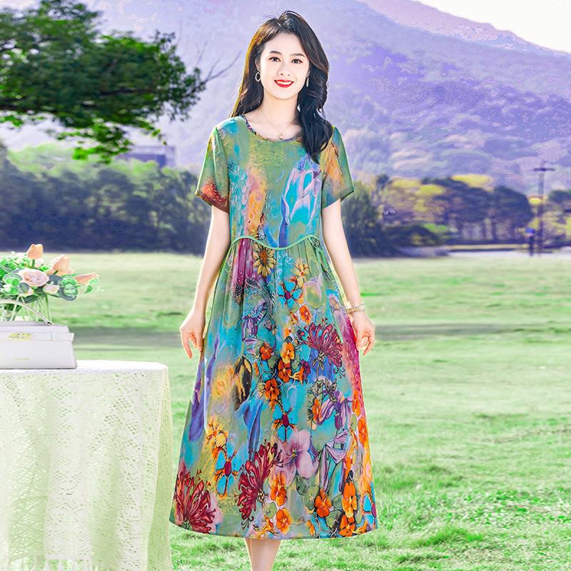 Summer Fashion Printed Chiffon Dress for Middle-aged Women - Short Sleeve, Mid-length