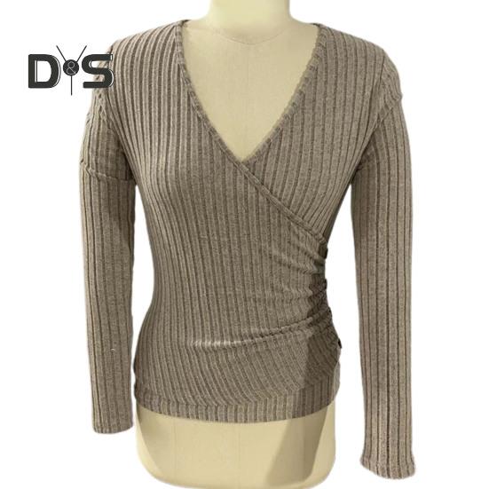 Dámské podzimní jednobarevné topy s hlubokým výstřihem do V, halenka s dlouhým rukávem, elegantní slim fit, knoflíky, dekorace, žebrované svetry