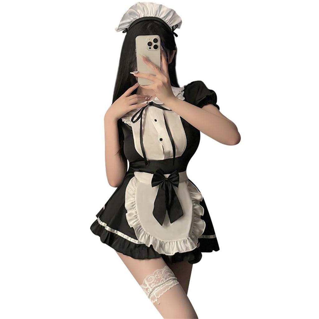 Maid 4 Piece Sexy Lolita One Bow Extreme School Festival Halloween Stockings Included [WhimsiNova] Clothes, Set, Cosplay, Maid, Piece, Tie, Cute,