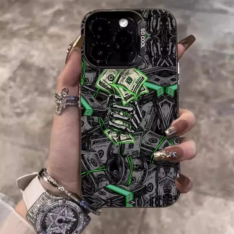 

Trendy Money Skeleton Hand Matte Phone Case For iPhone 17 16 15 14 13 12 11 Pro Max XS XR 15 Plus 16E 17 Air Laser Hard Cover iPhone XR