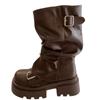 Plataforma Botas Femininas Meia Panturrilha Moda Fivela Salto Médio Sapatos Tendência 2025 Couro Chunky Scarpins Gótico Inverno Motocicleta Botas Mujer
