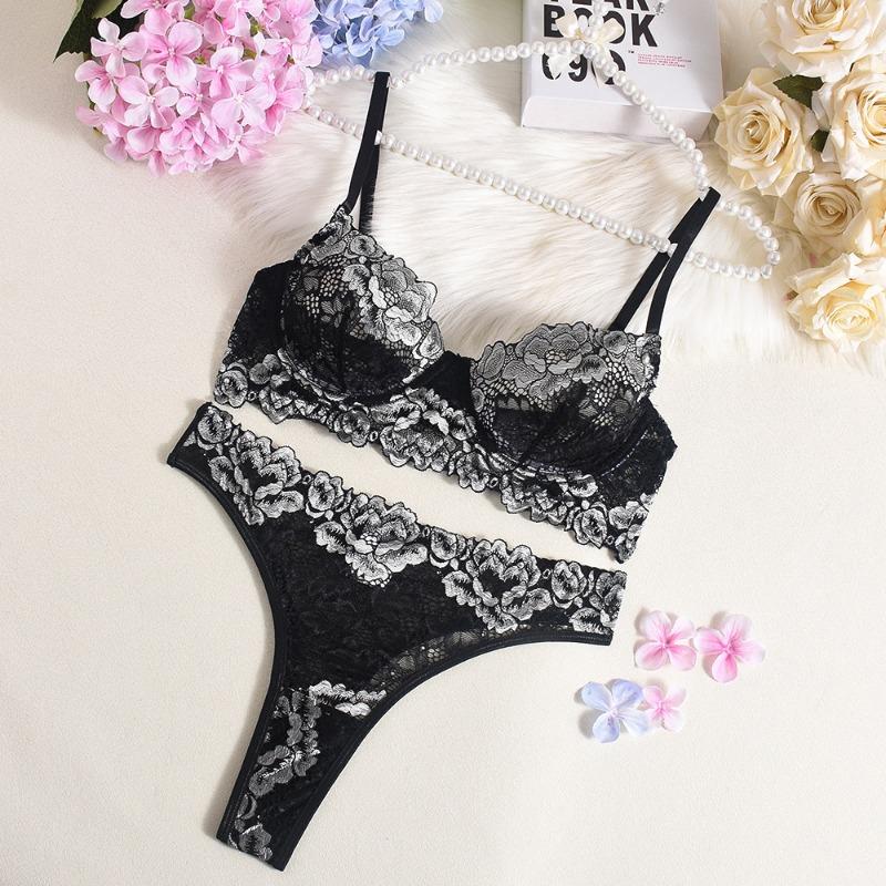 

Contrasting lace bra shaping sexy lingerie set S чёрный