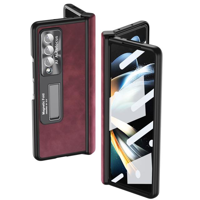 Fashion Front Glass Protector Leather Case For Samsung Galaxy Z Fold4 Zfold4 Fold 3 Fold3 Fold 4 Comfortable Kickstand Cover