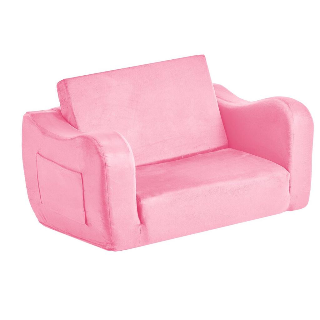 2-in-1 Kids Sofa, Foldable Toddler Soft Couch with Armrests, Made of 28D Sponge & Short Pile, Convertible Toddler Chair to Lounger, Kid Couch Fold Out