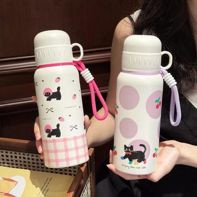 Light Luxury High-value Girls Straw Water Cup Vacuum Stainless Steel Thermos Cup Cute Portable Rope Bouncing Children's Cup