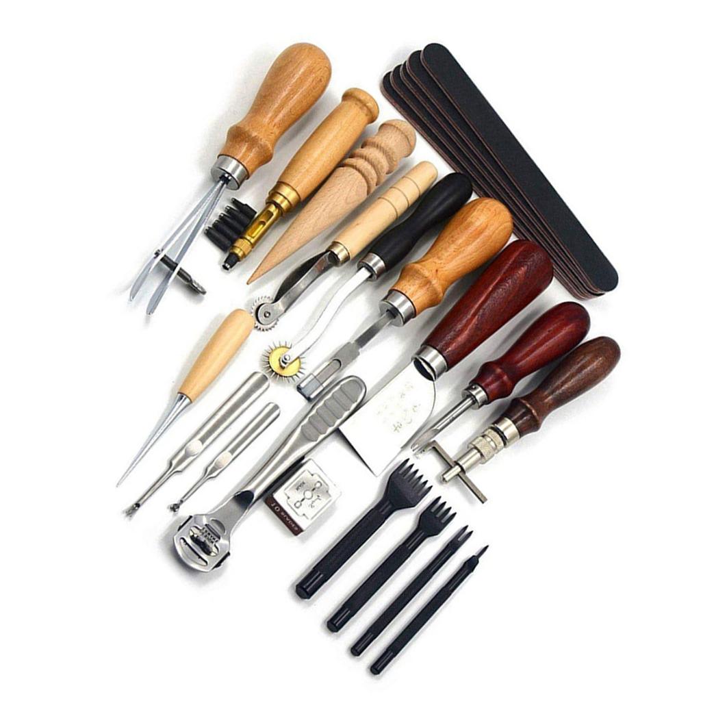 19pcs Set Leather Craft Punch Tools Leathercraft Stitching Carving DIY Handmade Groover