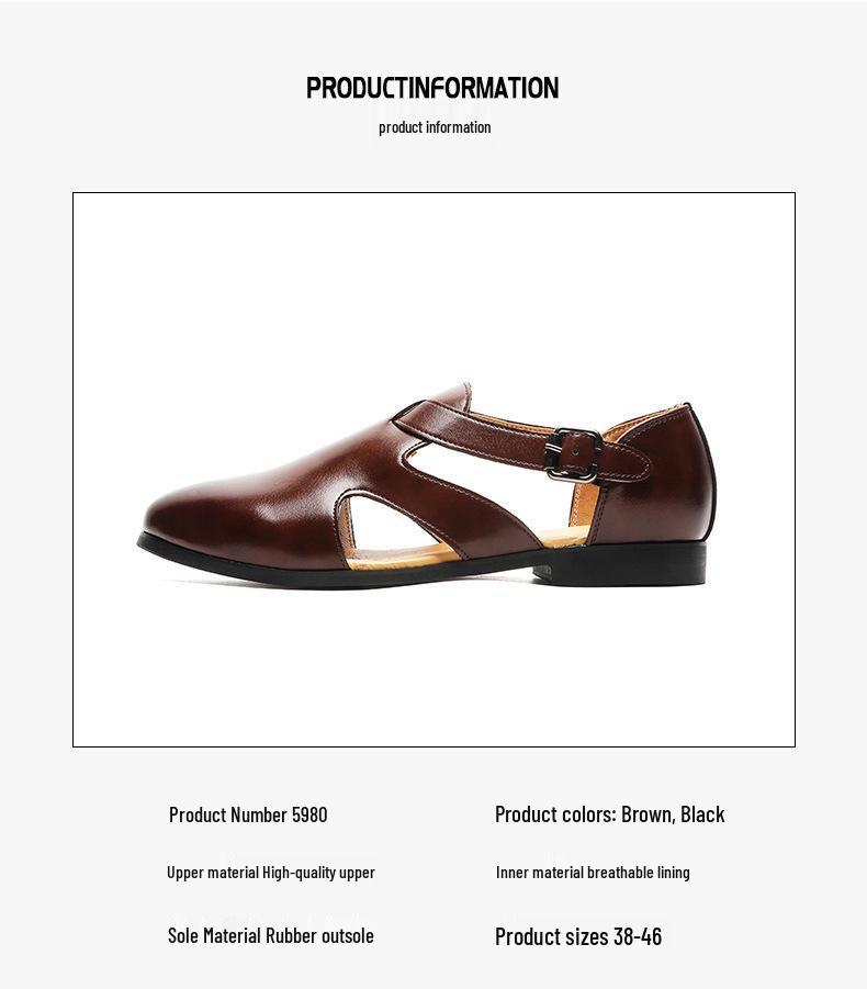 Men's Large Leather Roman Sandals - Breathable, Versatile, Hollow-Out Design with Buckle