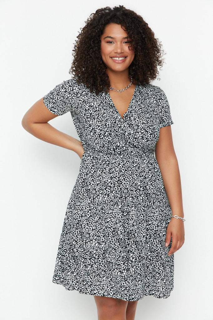 Damen Stil Übergröße Orange V-Ausschnitt Strickkleid mit Blumenmuster