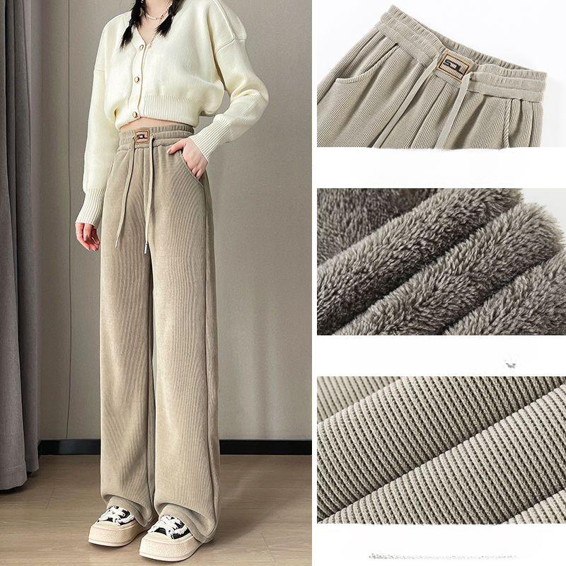 Thickened Lamb Plus Size Corduroy Wide-leg Pants for Women, Perfect for Autumn and Winter Casual Wear