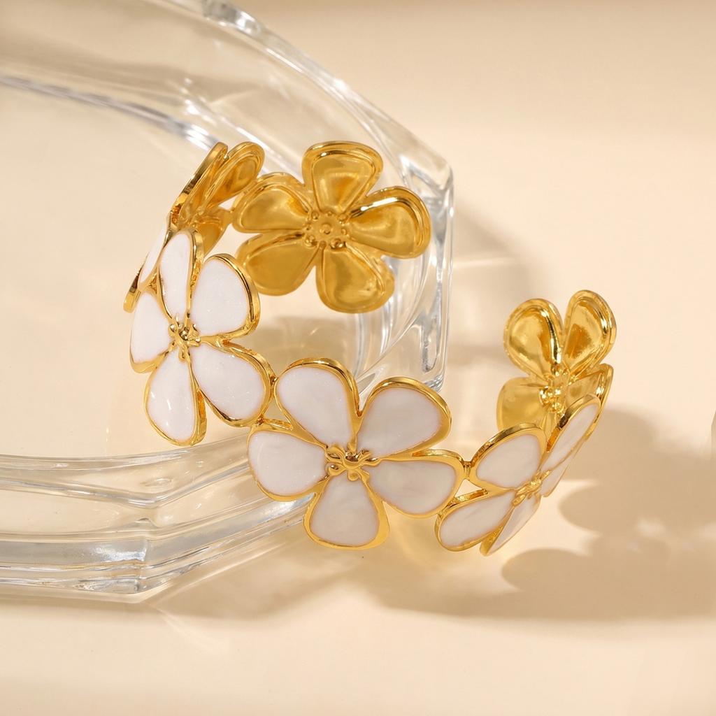 Vintage Colorful Enamel Flower Cuff Bracelet, 18K Gold Plated Stainless Steel Floral Bangle, Anti-Tarnish Party Jewelry