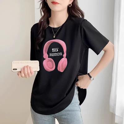 Sommer Locker Damen Schwarz Baumwolle Rundhals Kurzarm T-Shirt Gebogener Saum Schlitz Mittellang Po Oberteil