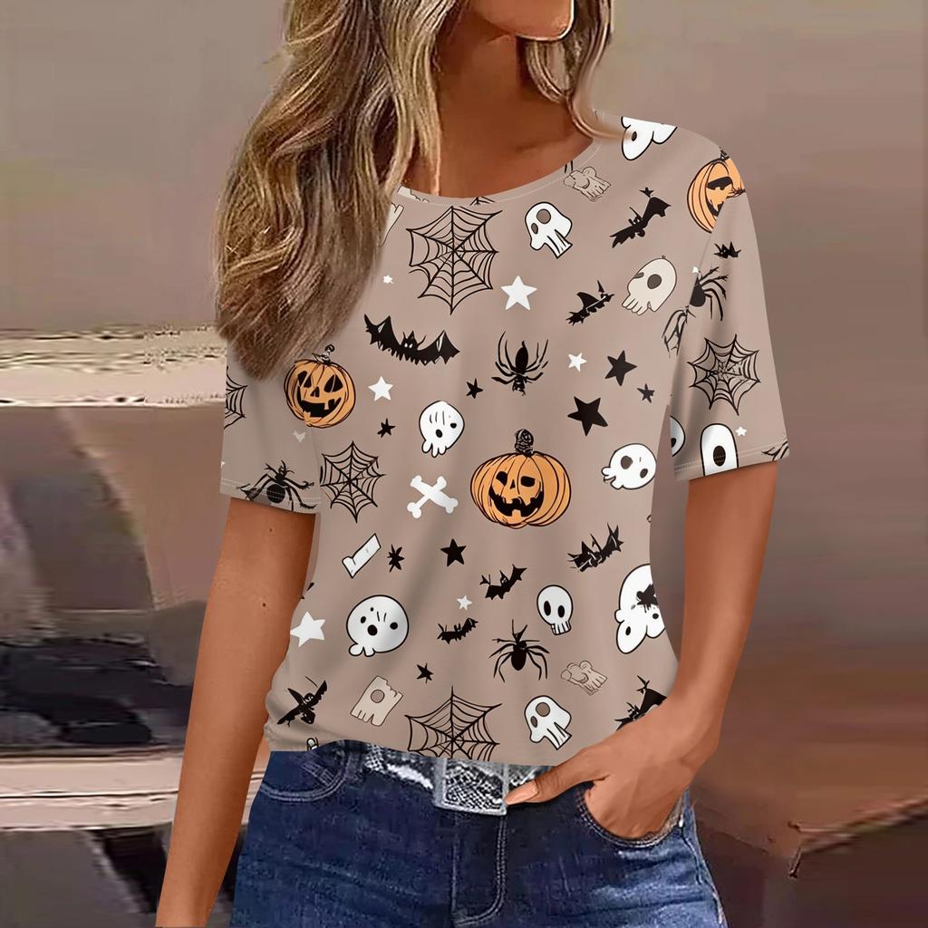 Women's Casual Short Sleeve Pullover Top Halloween Pumpkin Bat Print Round Neck Fashionable Relaxed Fit Shirt for Everyday Wear
