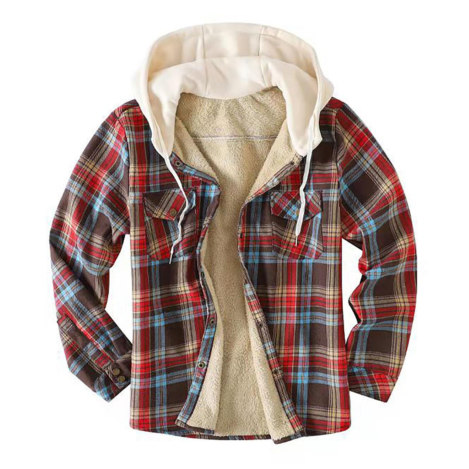 

Чоловіча стьобана підкладкова сорочка в клітку з оксамитом і капюшоном для збереження тепла L червоний