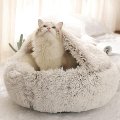 Cat Bed Round Fluffy Hooded Cat Bed Cave Winter Plush Anti-anxiety Calm Pet Nest Cozy Faux Fur Donut Cave for Small Pets