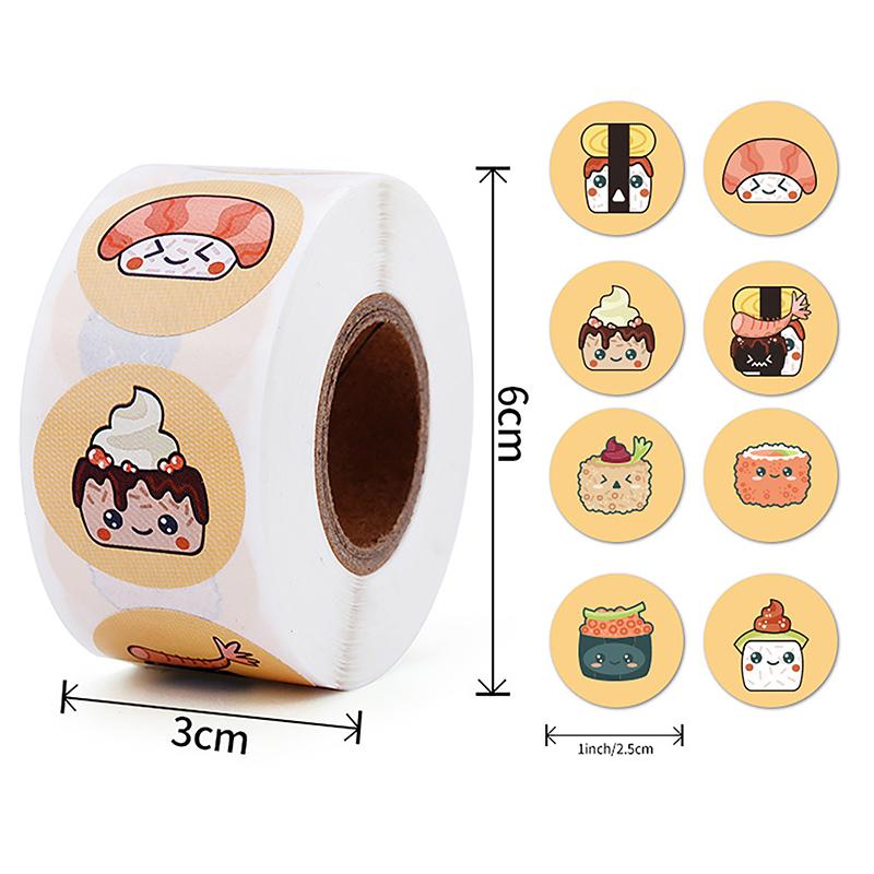 1Roll 2.5cm/1inch Circular Cartoon Sushi Pattern Sticker Birthday Wedding Decor Sticker Baked Dessert Lunch Box Label Sticker
