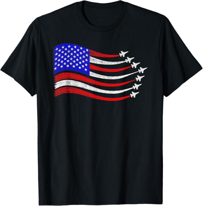 American Patriotic Fighter Jets USA Flag Waving 4th of July T-Shirt