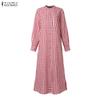 ZANZEA Women Casual Round Neck Long Sleeve Loose Plaid Print Long Dress