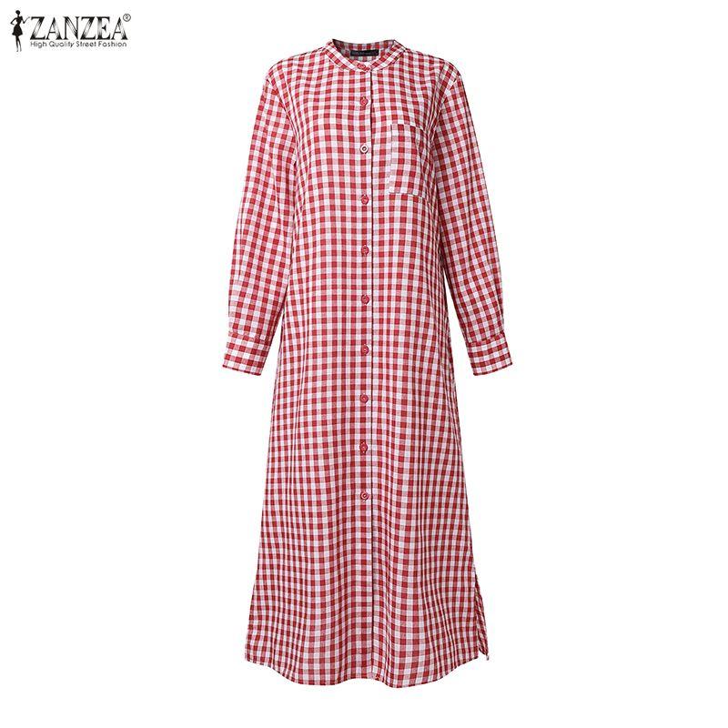 ZANZEA Women Casual Round Neck Long Sleeve Loose Plaid Print Long Dress