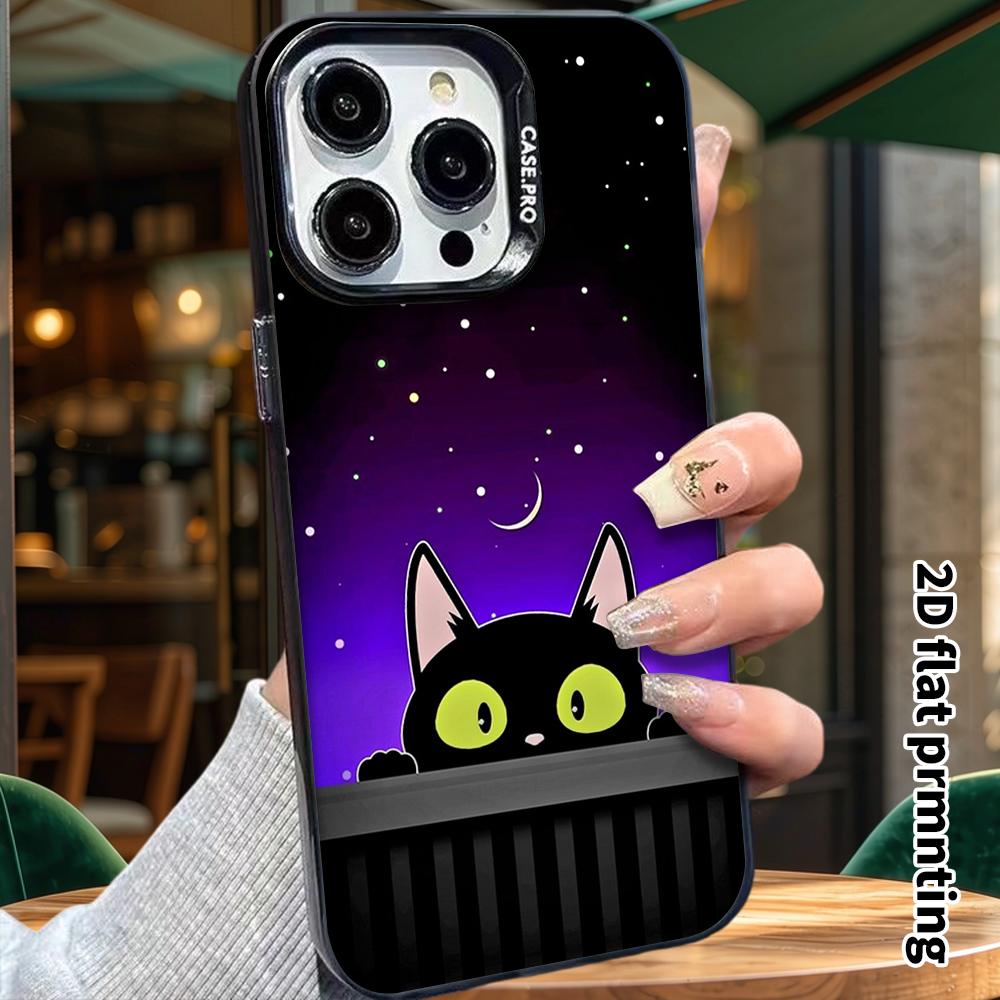 Phone Case: 2D Flat Design Suitable for iPhone 18 17 16 15 14 13 Pro, Colorful Silver Protective Case, Couple Style, Peeking Little Black Cat, Christm