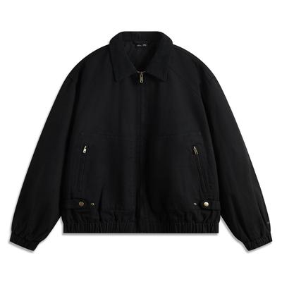 Li Ning Sports Fashion Series Solid Color Polo Collar Long Sleeve Zipper American Vintage Casual Versatile Jacket Unisex Jacket Black AJDU321-2