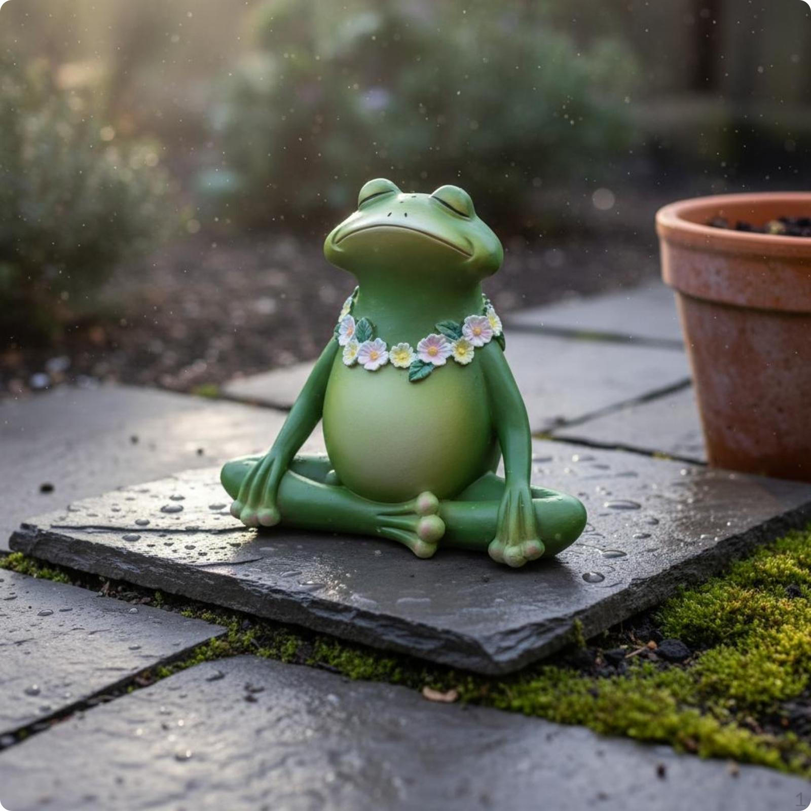 Meditative Frog Statue Emerald Coating Resin Ornament Floral Garland Outdoor Decoration for