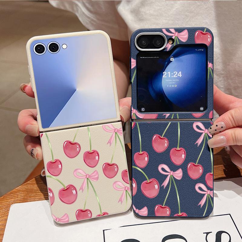 Crystal Cherry Fruits Bowknots Pattern Case For Samsung Z Flip 7 6 5 4 Leather Texture Folding Fhone Cover For Galaxy Z Flip7 Flip6 Flip5