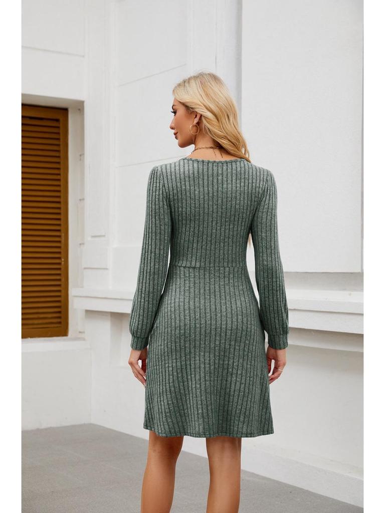 2025 Women's Square Neck Pocket Knit Sweater Dress - Long Sleeve Casual Fashion
