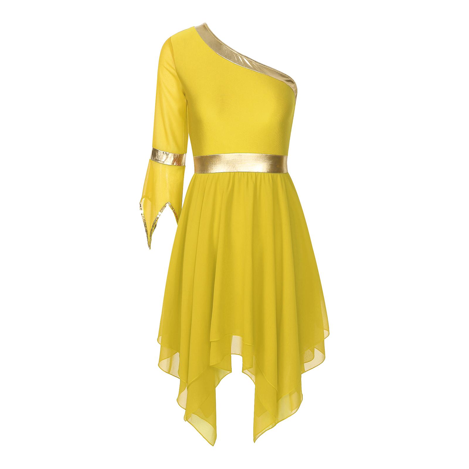 

Жіноча літургійна танцювальна сукня на одне плече, печворк дизайн, оздоблена паєтками, рукав-кльош, нерівний поділ, сукня для поклоніння XL жовтий