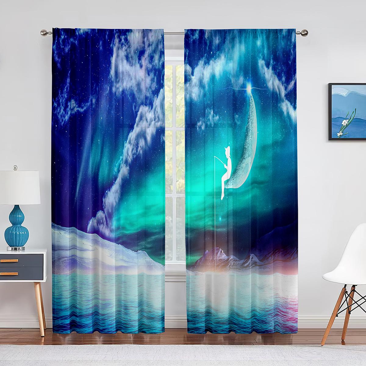 Ciel étoilé Paysage avec Étoiles Lune Rideaux en Tulle pour Décoration Salon Chambre Cuisine Mousseline Voile Transparent Rideau de Fenêtre 1 PCS W100XH250cm&Grommet Top