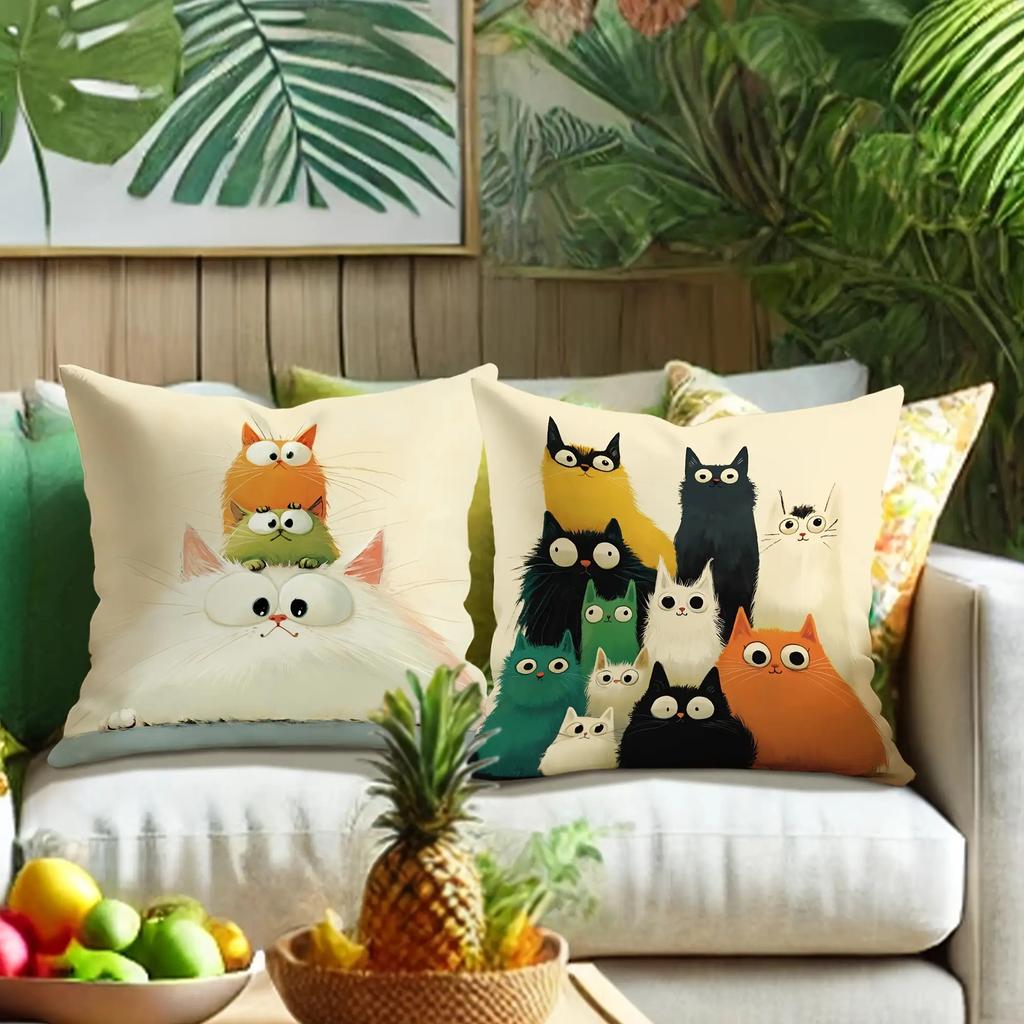 4Pcs Cute Cartoon Cat Design Digital Printing Pillow Cover Short Plush Suitable Living Rooms Bedrooms Sofas Throw Cushion Cover