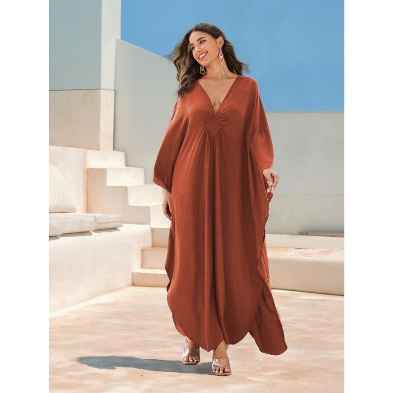 Women's Fashion Spring Fall Solid Color Print Long Sleeve V-Neck Loose Waistline Casual Dresses