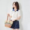 Women's Contrast Color Mulberry Silk Blend Polo Knit T-Shirt