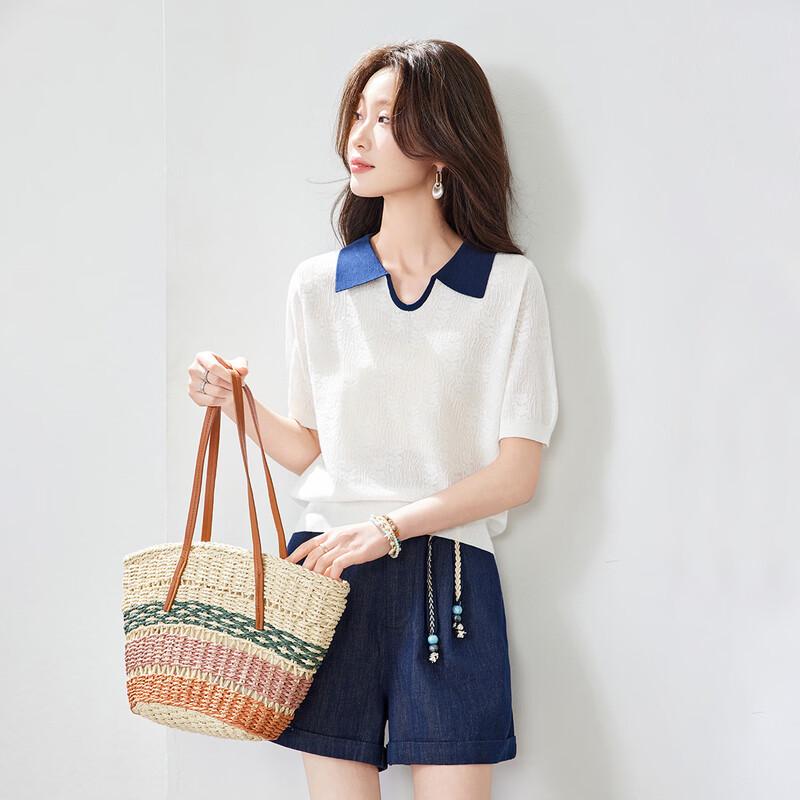 Women's Contrast Color Mulberry Silk Blend Polo Knit T-Shirt