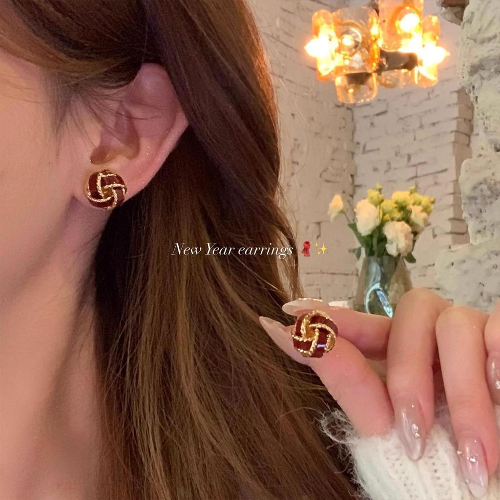 Elegant Wine Red Double Happiness Knot Studs - Autumn/Winter Light Luxury High-End Fashion Earrings