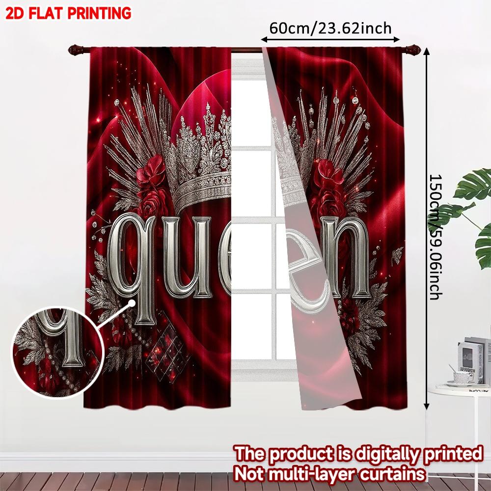 2pcs Queen Crown Curtains Digital Printing   Silver 3D Letter with Red Flowers on Satin Background for Luxurious Bedroom Decor