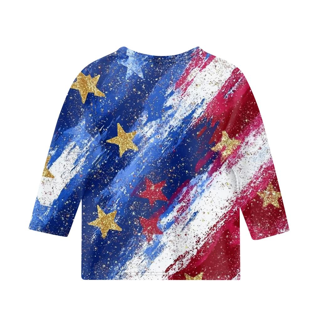 Print Tops For Youth Girls Round Neck 3/4 Sleeves T-Shirts Trendy Tops Outfit Tees Independence Day