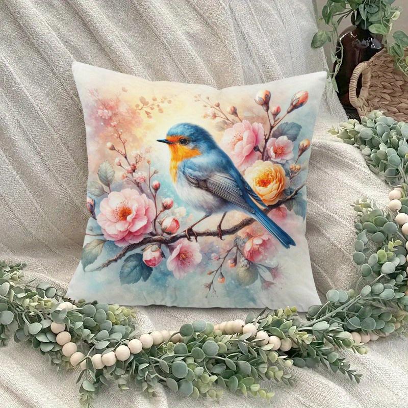 1Pc Spring Robin Bird & Floral Printed Throw Pillow Cover,Suitable For Sofa,Bedroom,Living Room,Easily Create A Fresh Atmosphere
