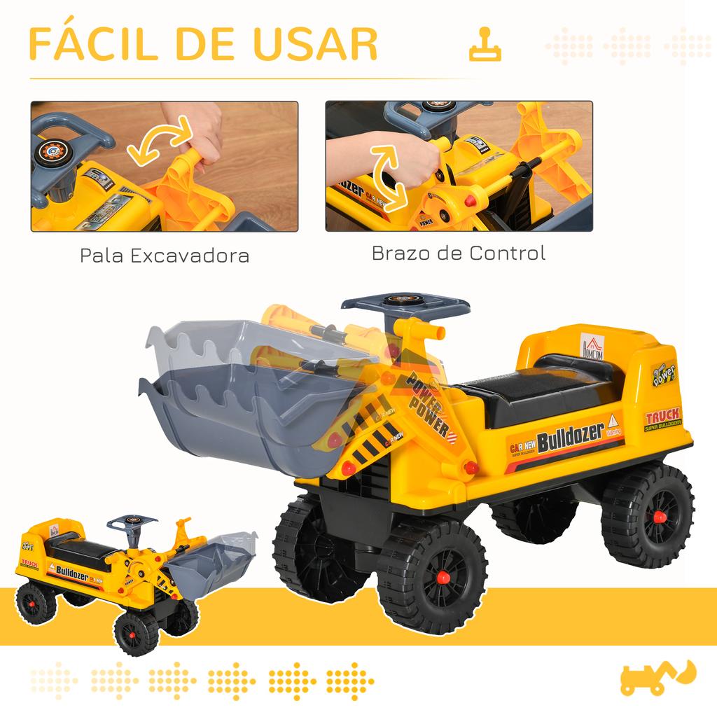Ride-On Truck Tractor without Pedals for Children 2-3 Years with Excavator Shovel Hidden Storage Space and Horn 70x26x37 cm Yellow