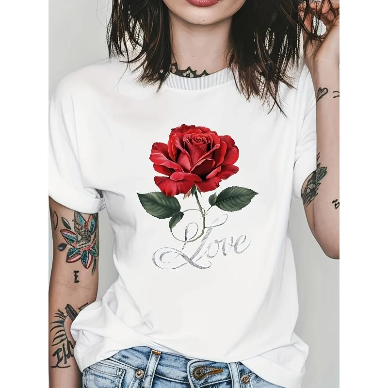 Women'S Casual Crew Neck T-Shirt with Red Roses And Heart Pattern - Fabric, Floral Pattern, Suitable for All Seasons