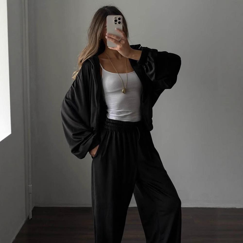 Women's Casual Two Piece Set Solid Long Sleeve Zip Up Cardigan Jacket Sweatpants Tracksuit