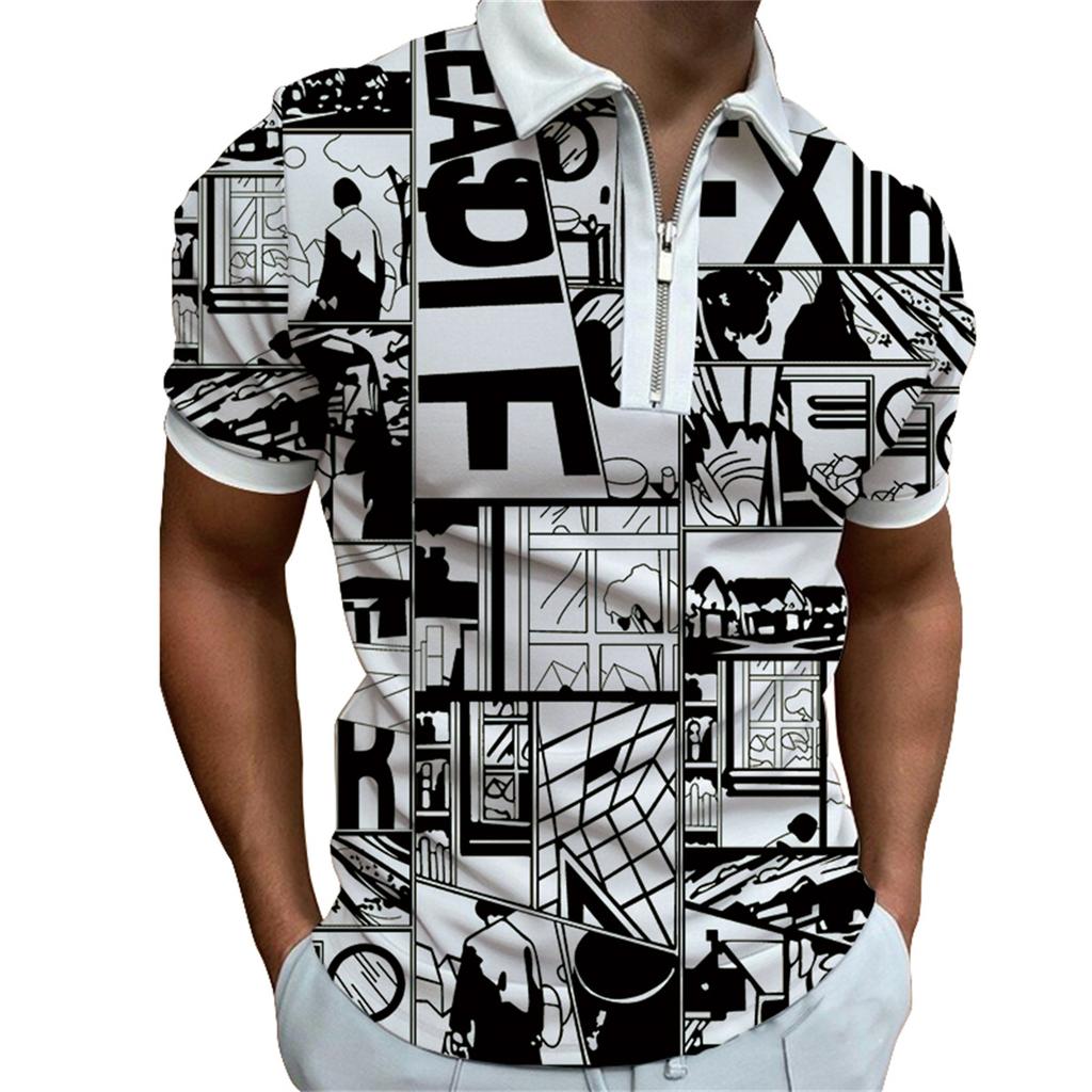 Men's Short Sleeve New Summer Zipper Casual POLO Shirt Men's Fashion Printing Lapel POLO Shirt T-shirt