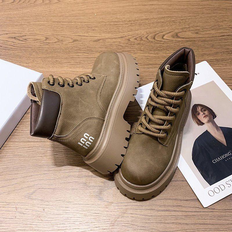 

Retro soft leather Martin boots muffin bottom boots autumn and winter new versatile velvet lace-up rhubarb boots 40