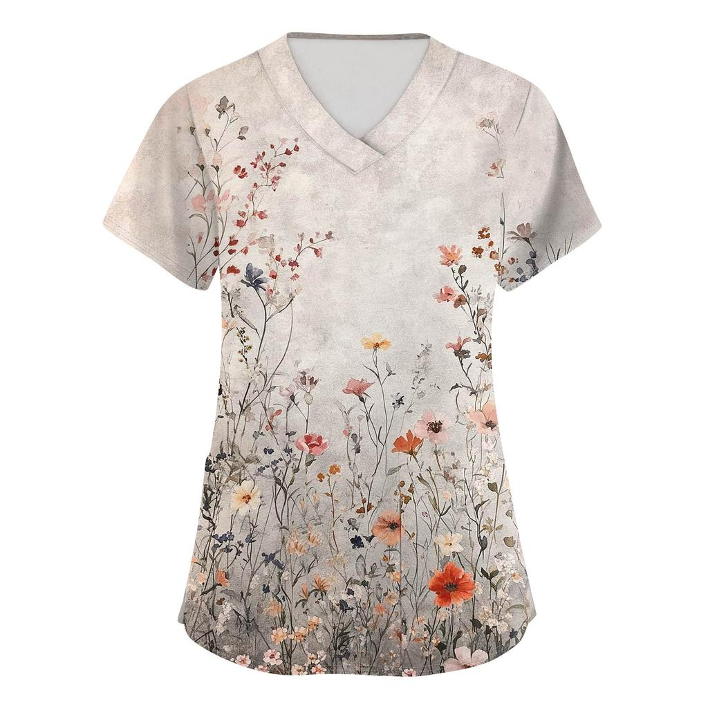 Women's Fashion Printed  Short Sleeve Care Workwear With Double Pockets Top