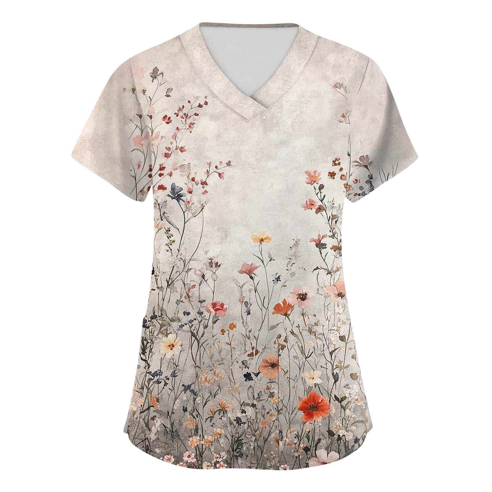 

Женская модная рабочая одежда с короткими рукавами с принтом и верхом с двойными карманами L хаки