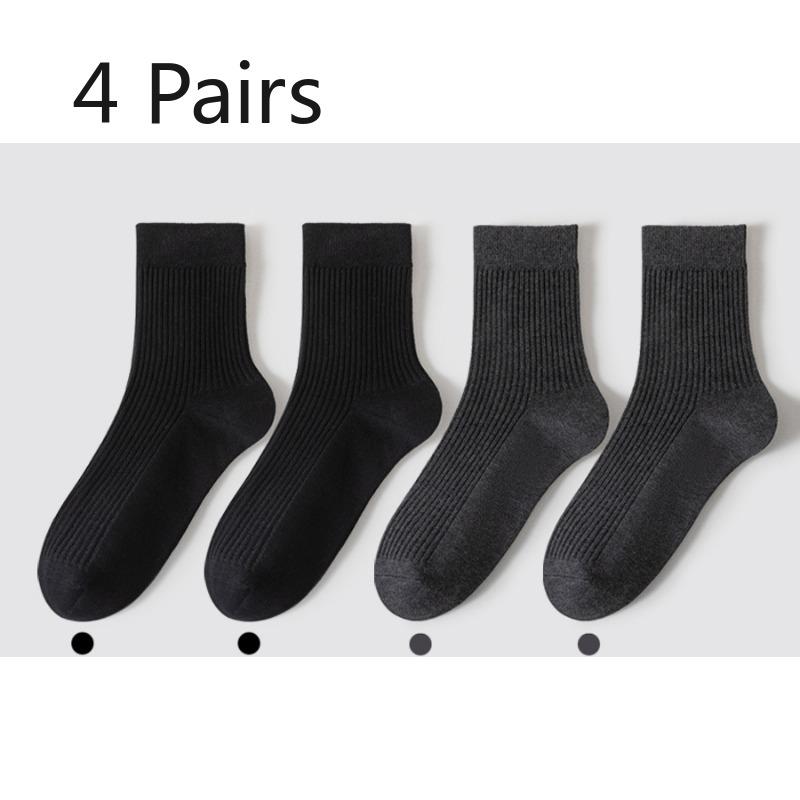 4 Pairs of Men's Spring and Summer Mid-calf Socks, Vertical Anti-pilling Breathable Cotton Socks, Deodorizing and Sweat-absorbing Long Calf Socks